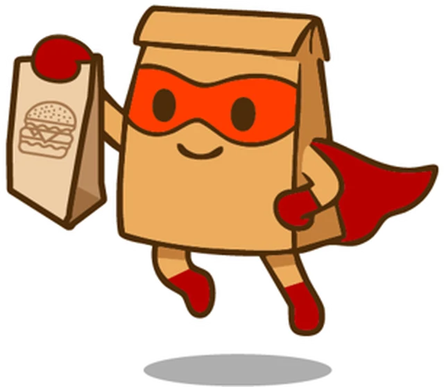 La mascota de KipFud con una bolsa de comida