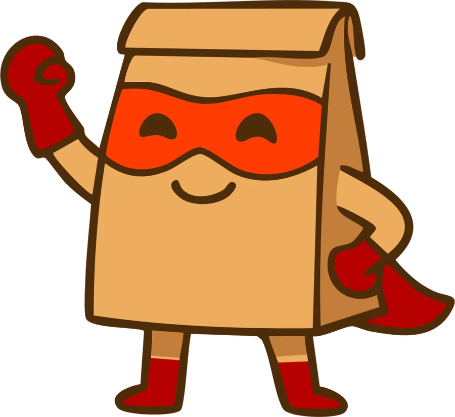 La mascota de KipFud, una bolsa de papel con antifaz y capa, volando